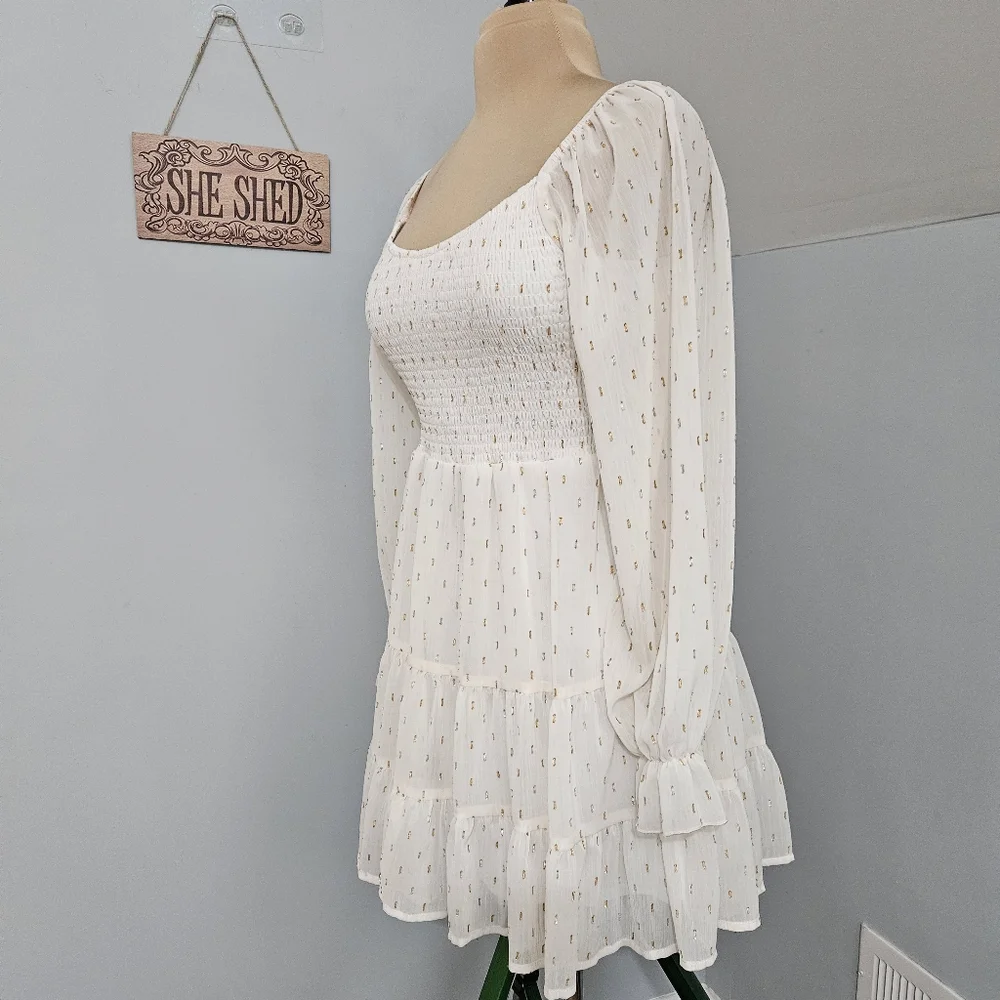 Altar’d State White Smocked Dress Gold Dot Tiered Size M Cottage Fairy Boho - Picture 5 of 14